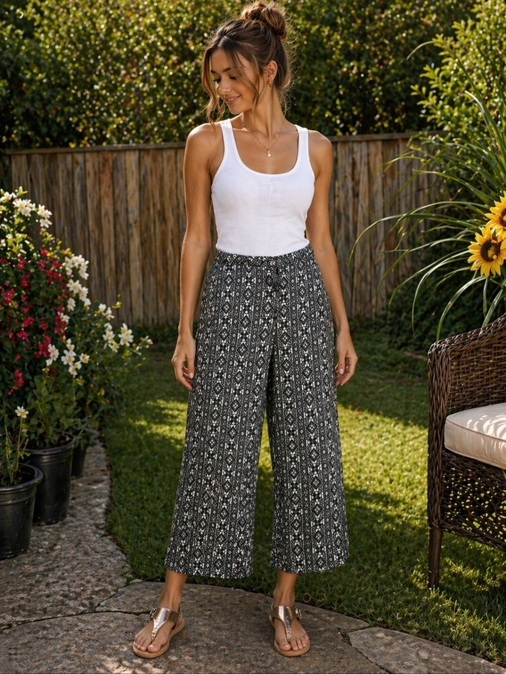 Anthropologie Black and White Patterned Cropped Pants